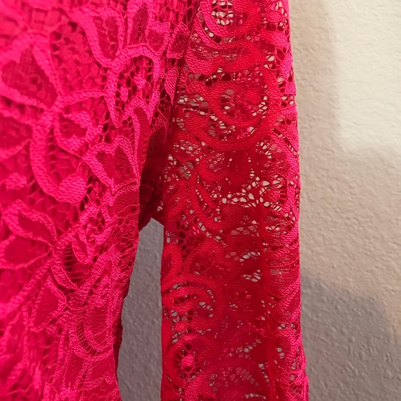 Express Red Lace One Shoulder Puff Sleeve Dress - Picture 4 of 7